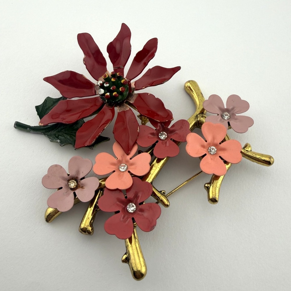 Vintage Enamel Flower Brooch Lot of 2 Red Poinsettia Floral Branch Rhinestone